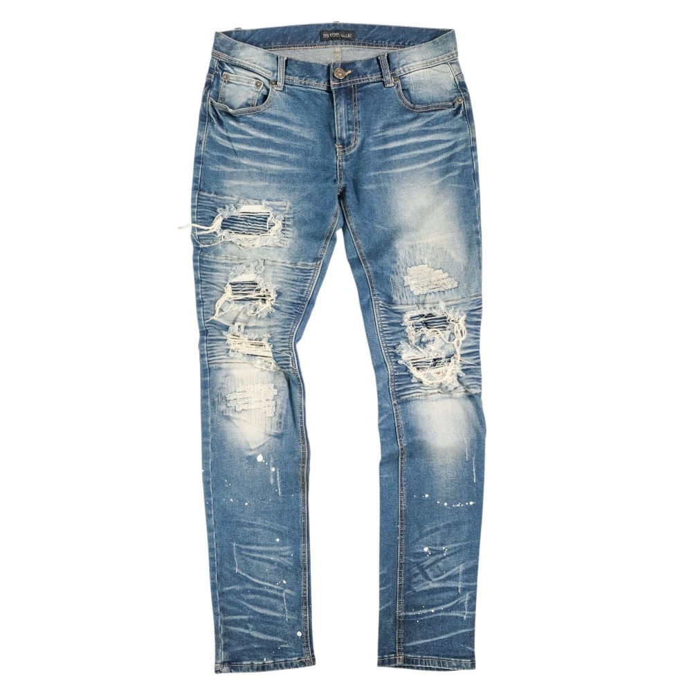 In The Attic blue ripped super skinny jeans with paint splatter design